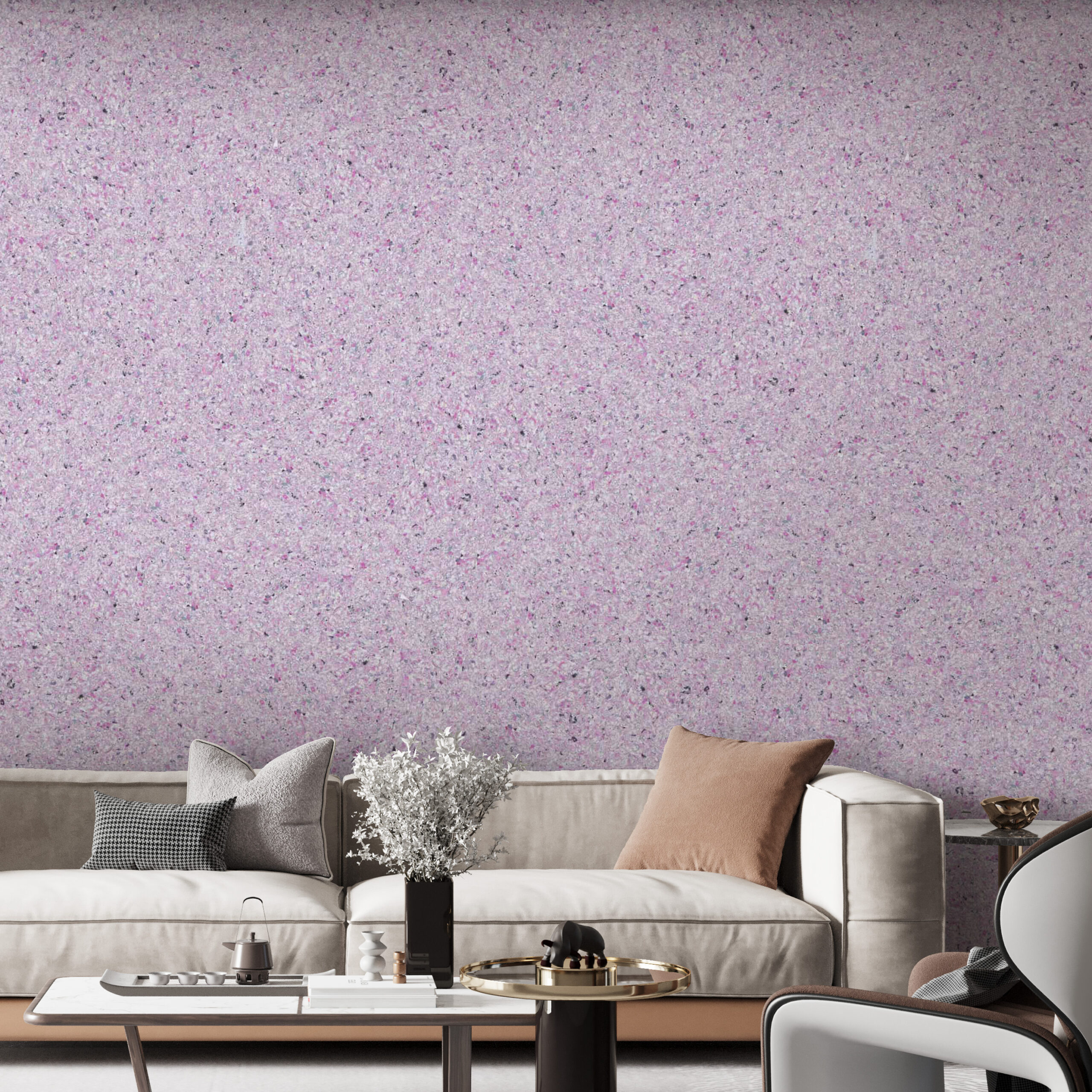 Tapet Belka lavandă calmă autoadeziv aplicat într-un living modern, cu decor neutru și accente relaxante.