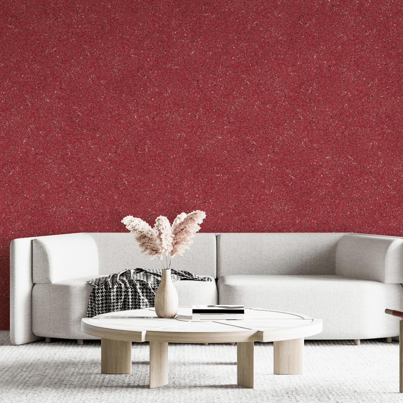 Living modern decorat cu tapet Belka autoadeziv roșu vișiniu și canapea crem minimalistă.
