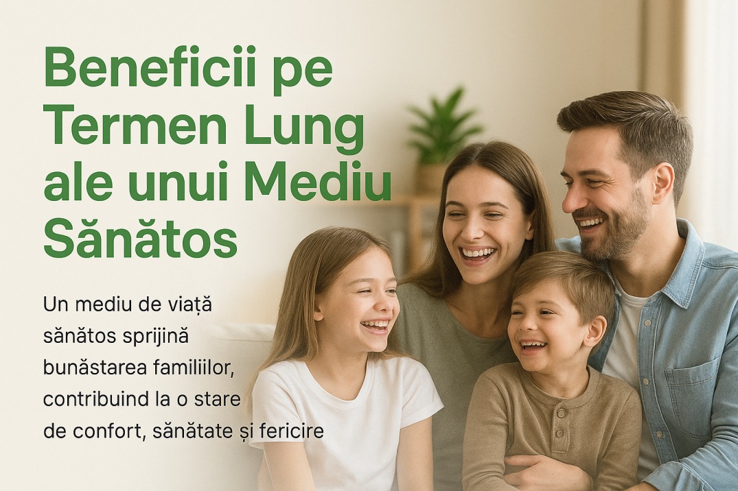 Familie fericită beneficiind de un mediu sănătos în locuință cu aer curat și materiale ecologice