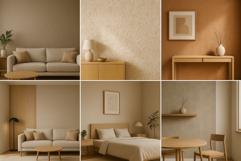 Colaj cu 7 idei moderne de decor pentru pereți, inclusiv texturi naturale, panouri din lemn și suprafețe Belka, în interioare elegante de stil scandinav