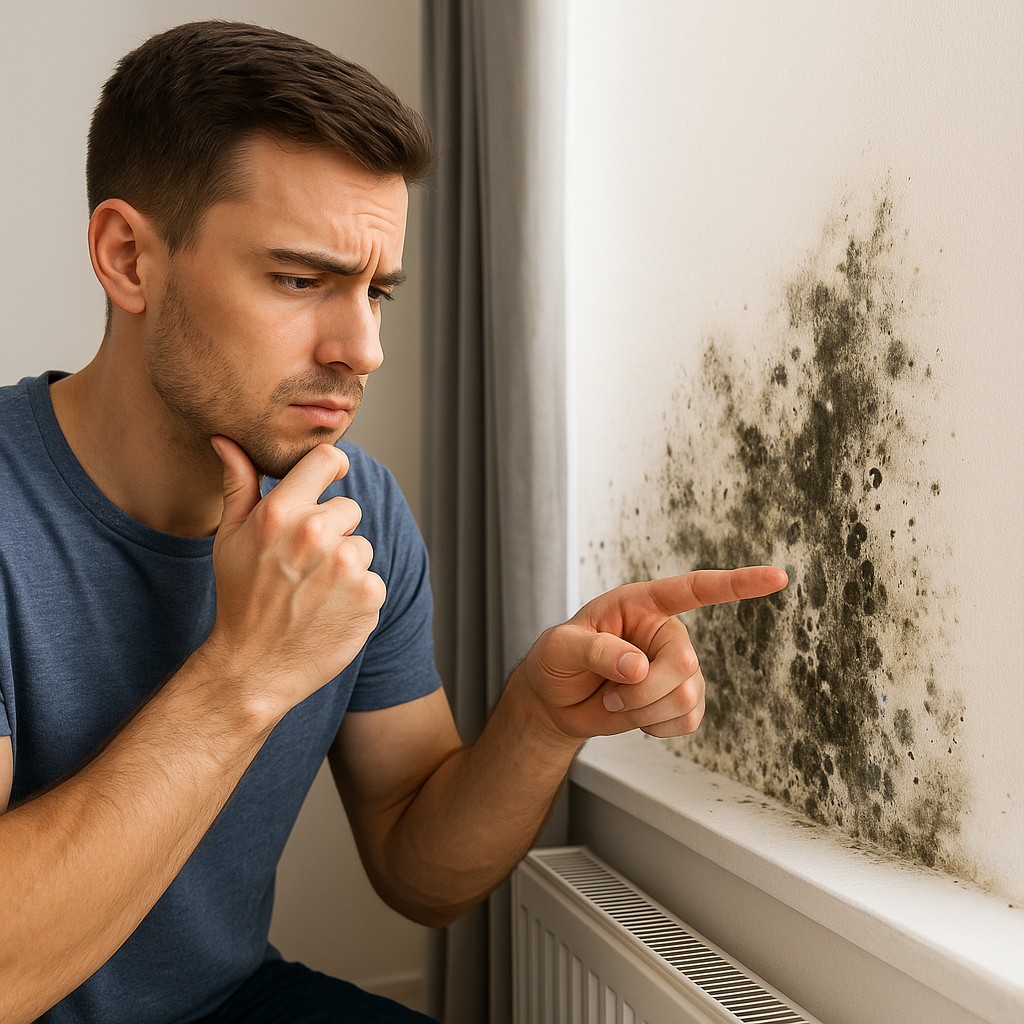 Ilustrație cu pericolele invizibile din locuință: materiale toxice, mucegai și poluarea aerului interior
