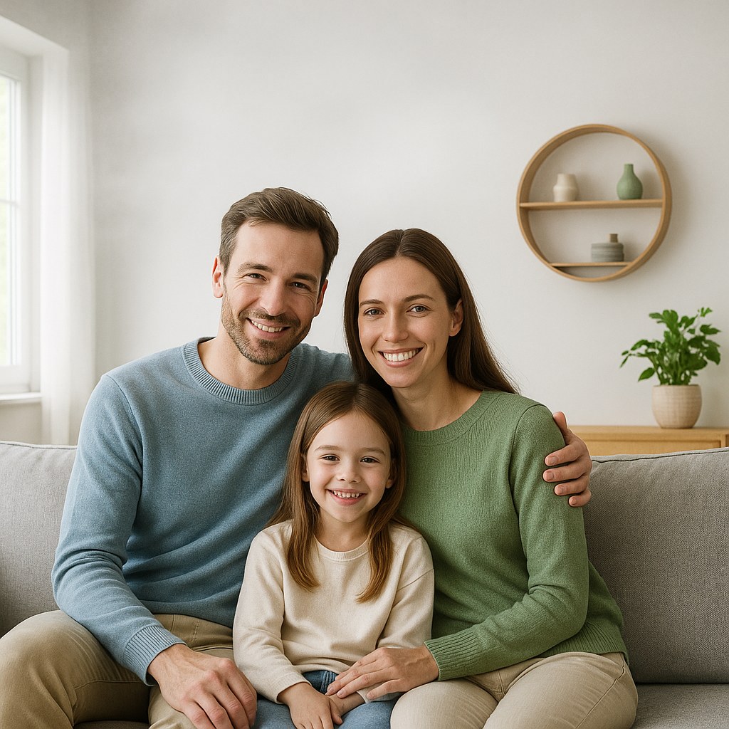 Familie fericită într-un living modern, luminat natural, simbol al unui cămin sănătos