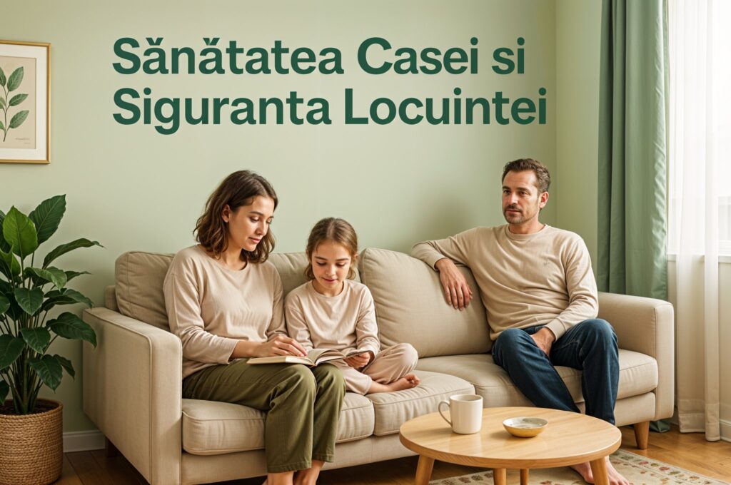 Familie într-un living modern și sănătos cu accente verzi, simbol al siguranței locuinței și sănătății pereților