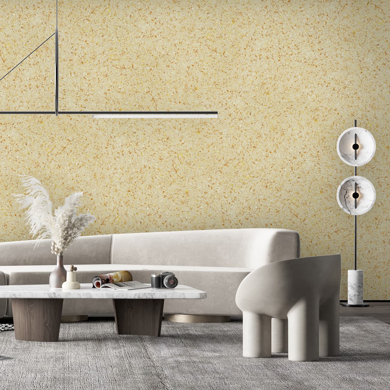 Tapet Belka crem elegant autoadeziv aplicat într-un living modern cu mobilier bej și accente minimaliste.