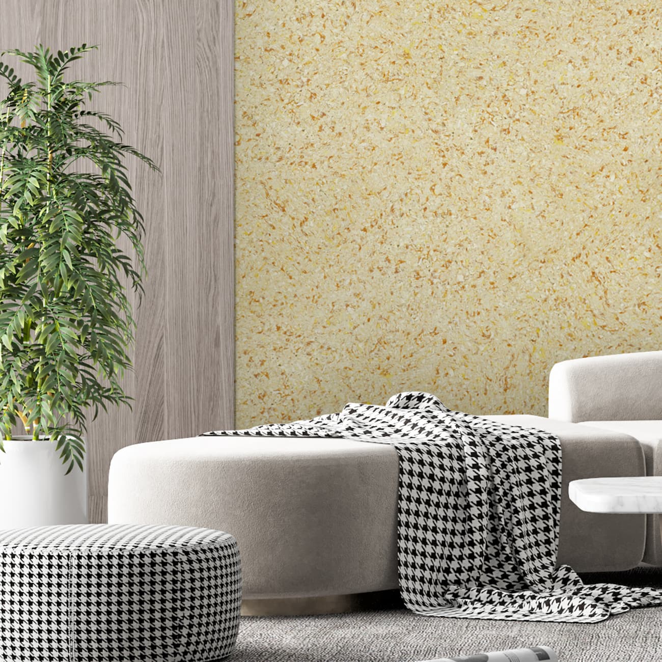 Tapet Belka crem elegant autoadeziv aplicat într-un living modern cu mobilier bej și accente minimaliste.
