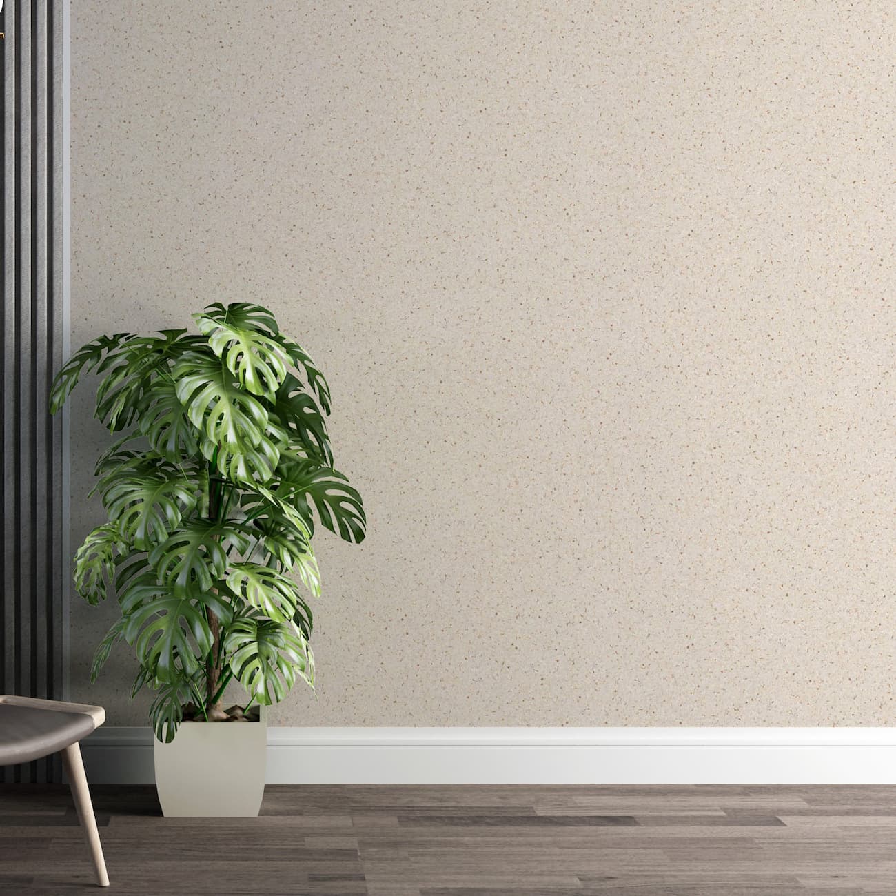 nterior modern cu tapet Belka crem-bej și plantă decorativă lângă perete.