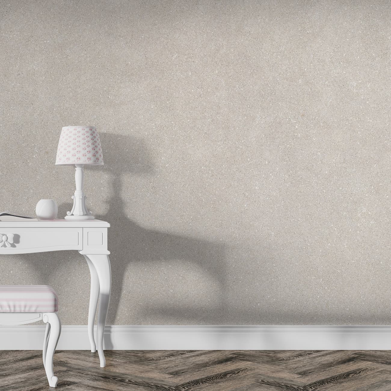 Interior elegant cu tapet Belka bej auriu și mobilier alb vintage.