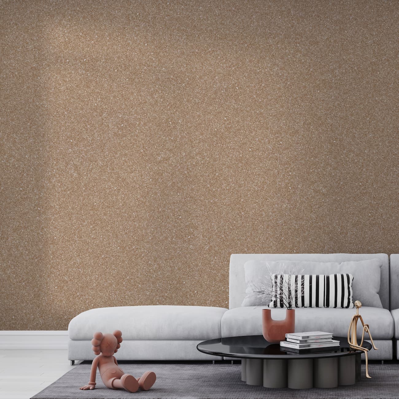 Tapet Belka autoadeziv de culoare taupe aplicat într-un living modern cu canapea albă și decor minimalist