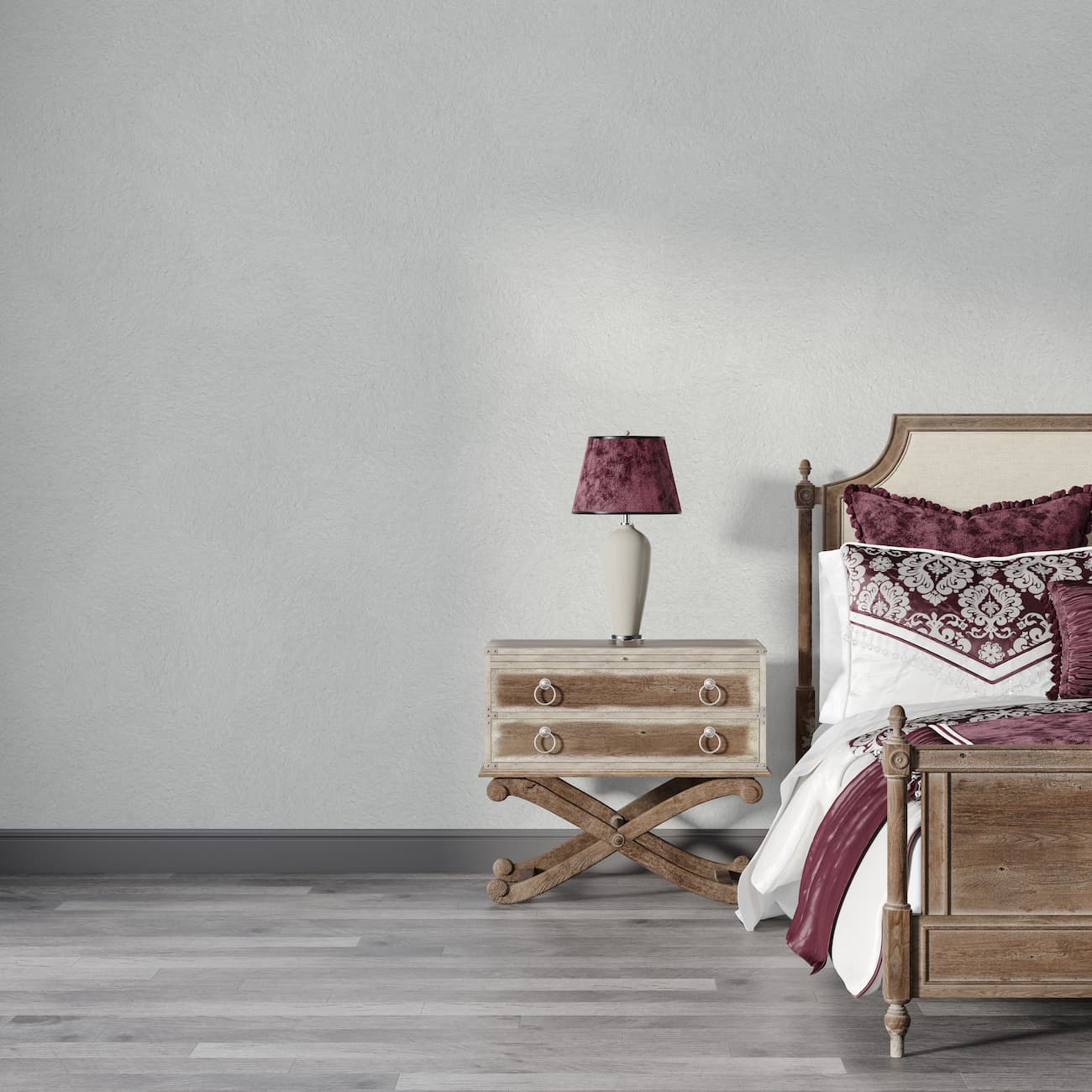 Tapet Belka autoadeziv fildes aplicat într-un dormitor rustic-elegant cu mobilier din lemn și textile vișinii.