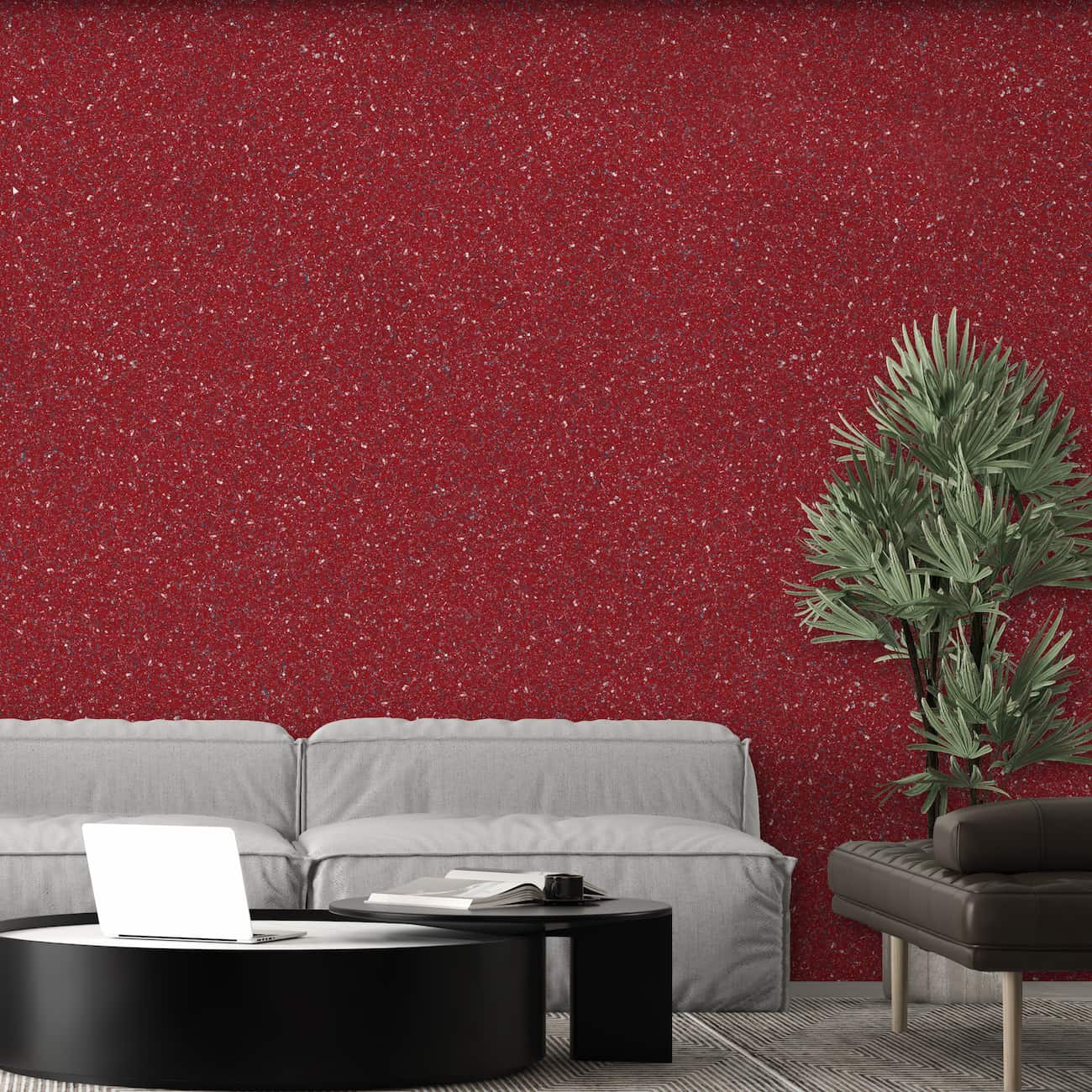 Tapet Belka roșu modelat autoadeziv aplicat într-un living modern cu canapea gri deschis și decor minimalist.