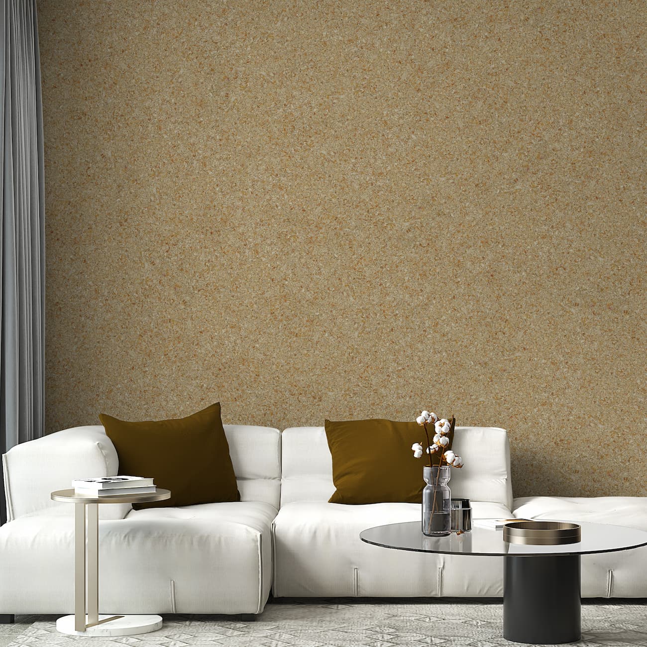 Tapet Belka bej cald autoadeziv aplicat într-un living modern cu canapea albă și decor minimalist.