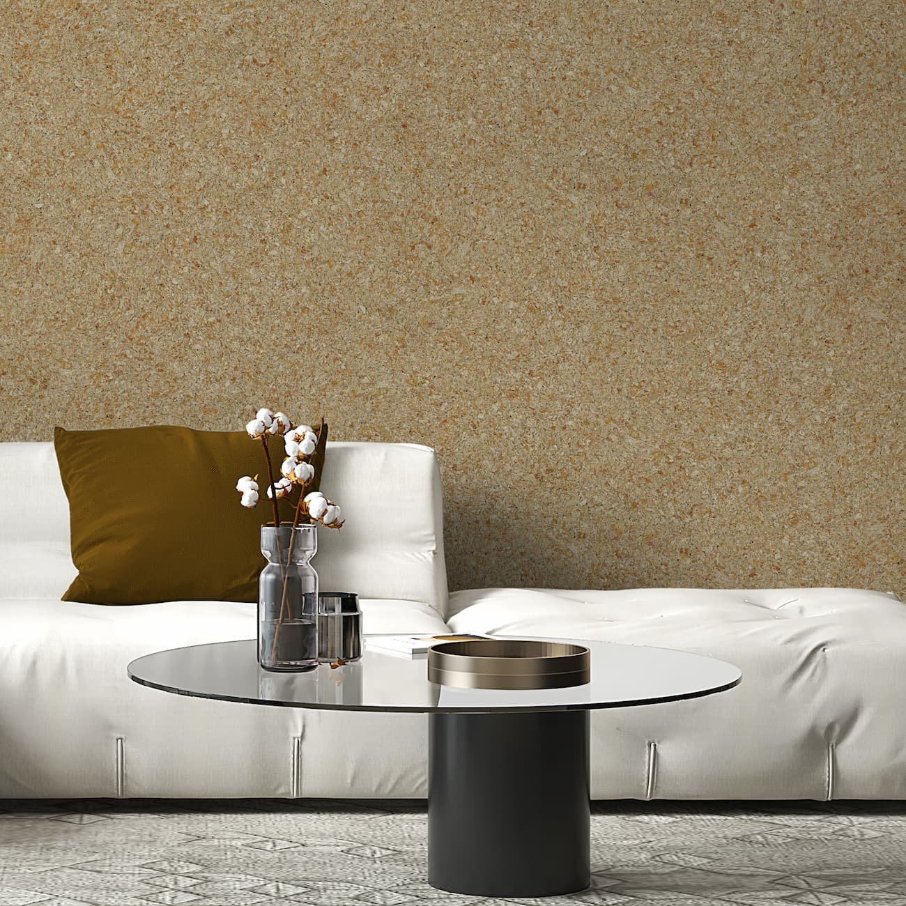 Tapet Belka bej cald autoadeziv aplicat într-un living modern cu canapea albă și decor minimalist.