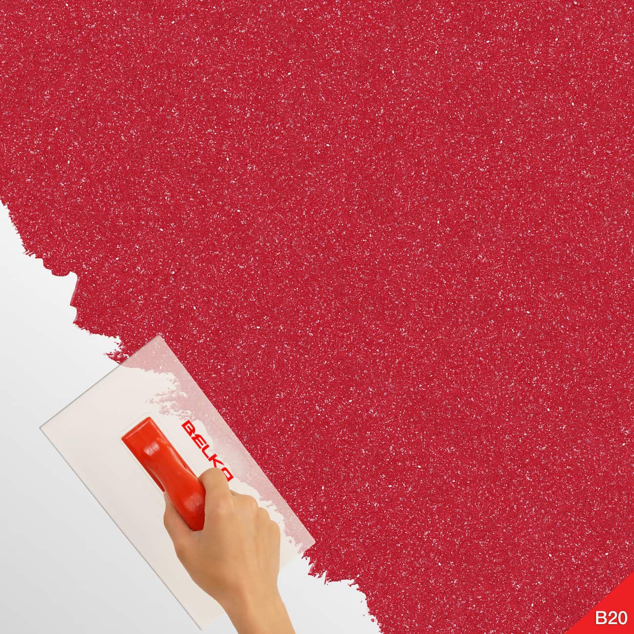 Aplicare ușoară a tapetului Belka – Tapet Roșu Clasic cu tonuri intense, folosind o unealtă de tip mală, direct pe suprafețe rezistente la apă.