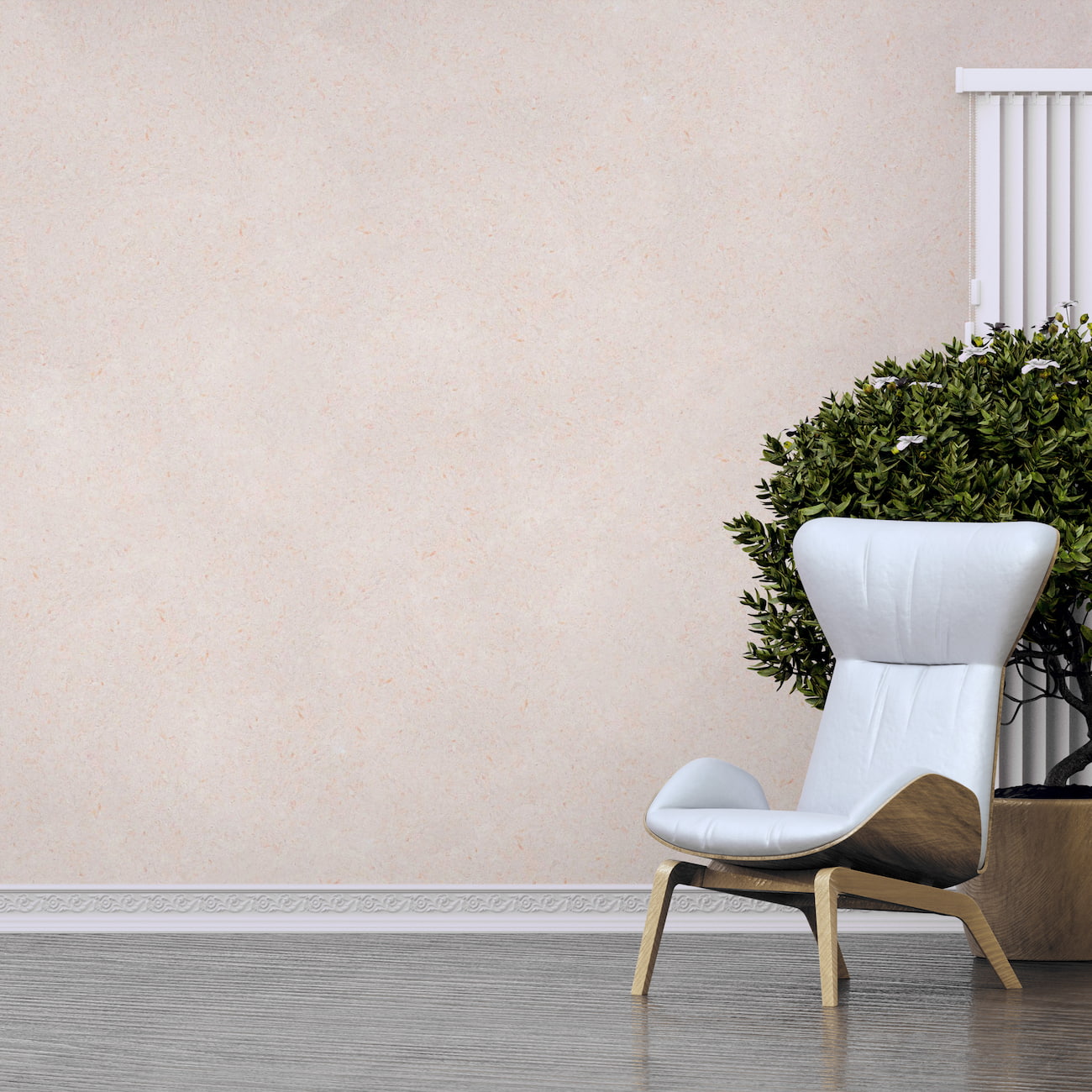 Tapet Belka bej aplicat într-un living modern cu fotoliu alb și plantă decorativă.