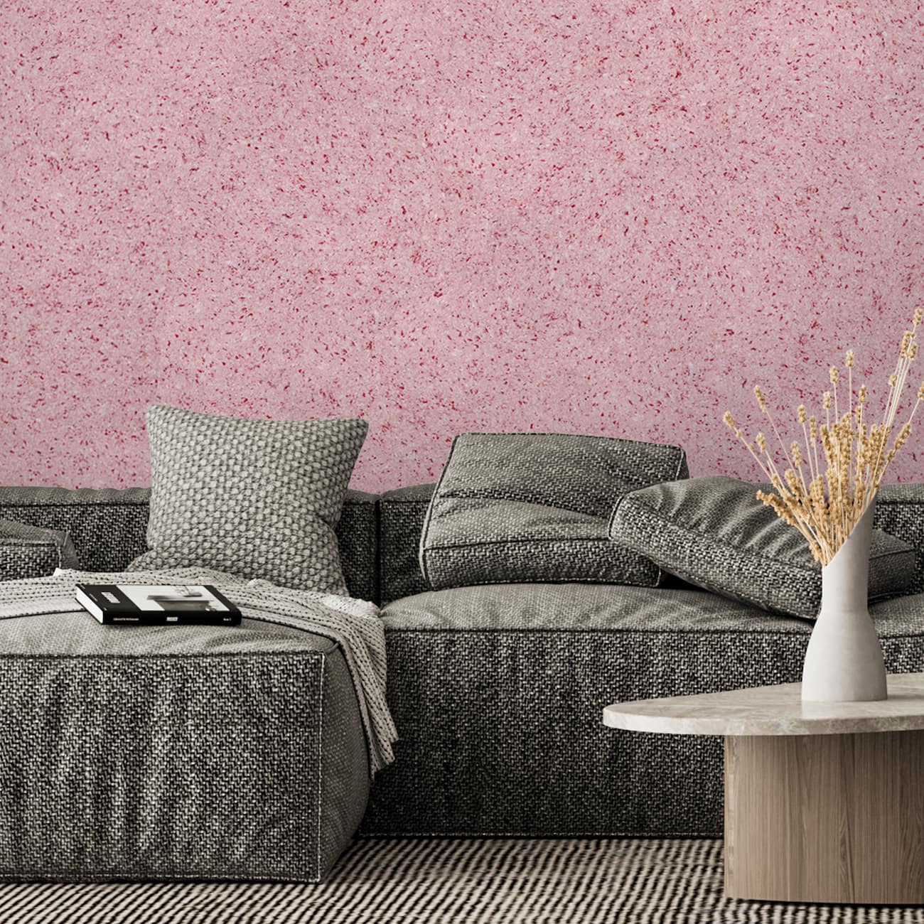 Living modern decorat cu tapet Belka roz intens, autoadeziv și izolator, aplicat pentru un efect vizual vibrant.