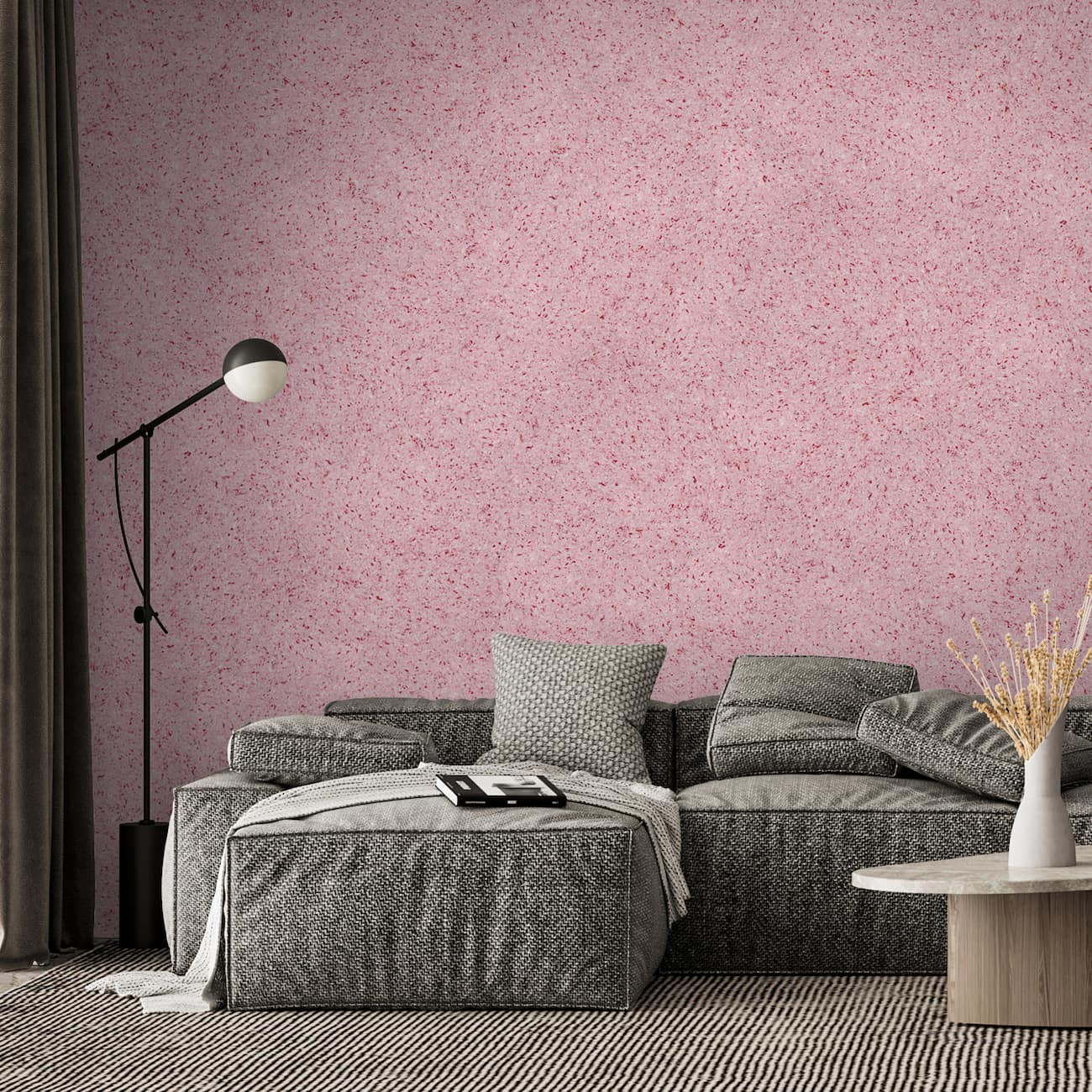 Living modern decorat cu tapet Belka roz intens, autoadeziv și izolator, aplicat pentru un efect vizual vibrant.