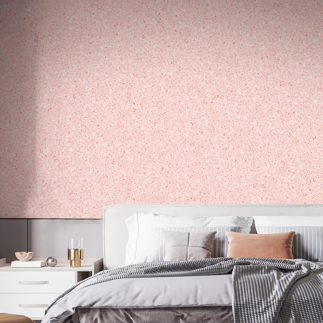 Dormitor modern decorat cu tapet Belka roz pastel, autoadeziv și izolator, pentru un ambient delicat și odihnitor.