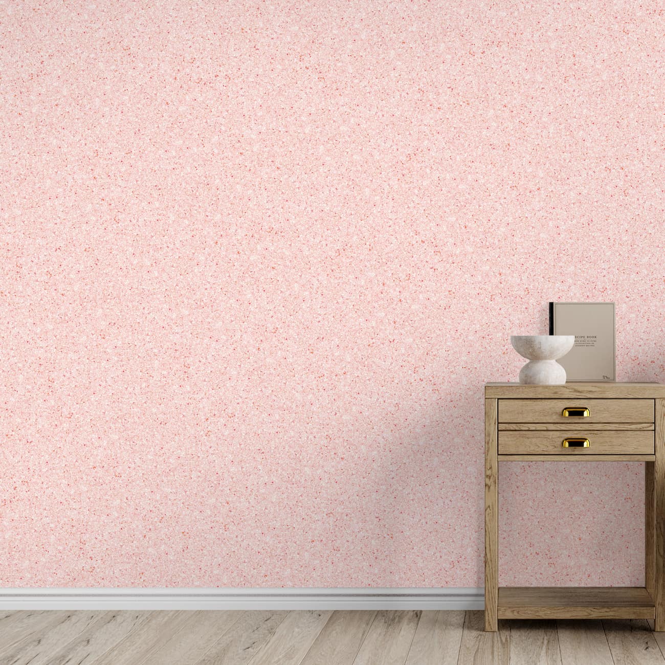 Colț de cameră decorat cu tapet Belka roz pastel, autoadeziv și izolator, aplicat pentru un aspect cald și natural.