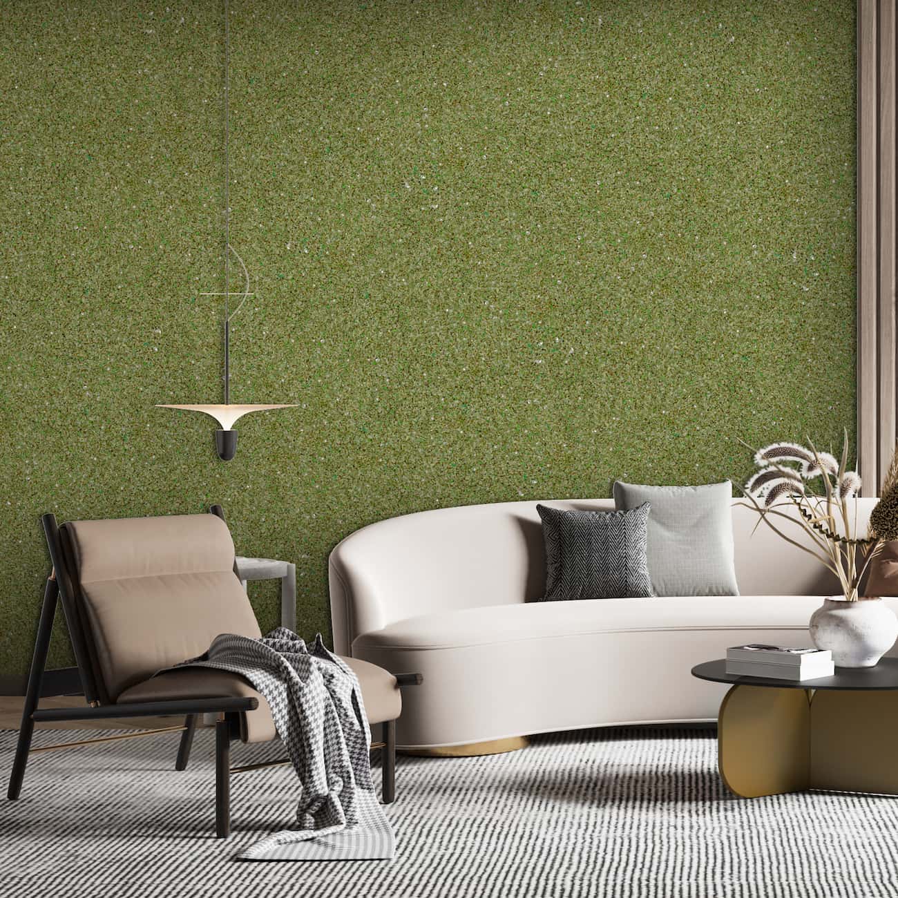 Living modern decorat cu tapet Belka verde clasic, autoadeziv și izolator, aplicat pe perete pentru un aspect natural și elegant.