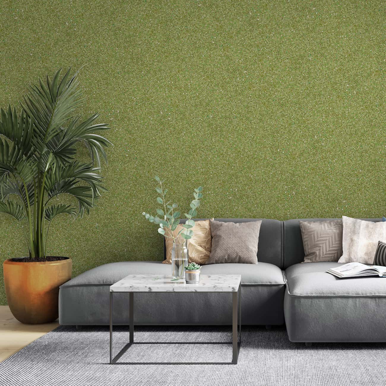 Living modern decorat cu tapet Belka verde clasic, autoadeziv și izolator, aplicat pe perete pentru un aspect natural și elegant.