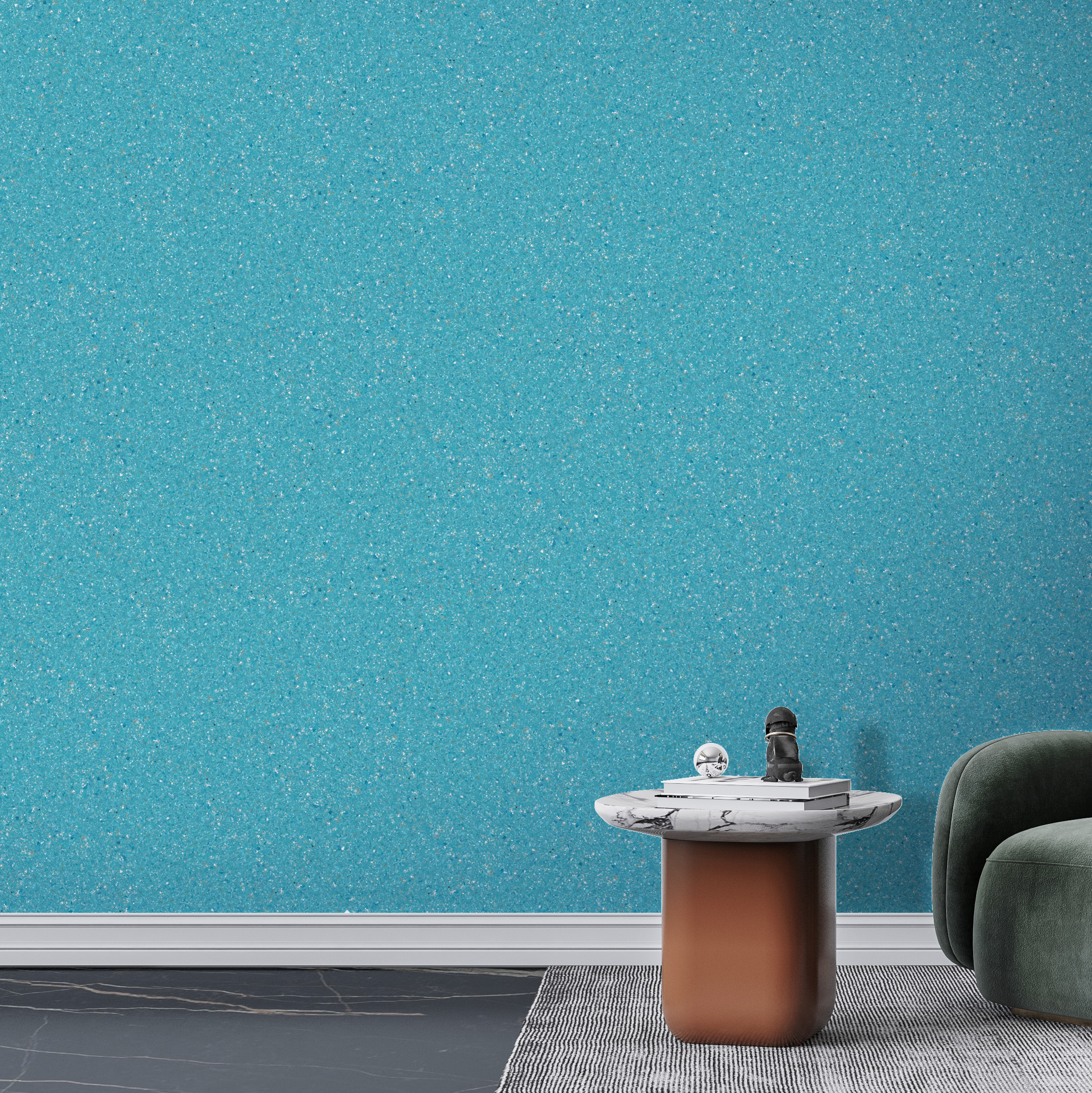 Tapet Belka albastru autoadeziv cu efect uniform, aplicat într-un spațiu modern decorat minimalist.