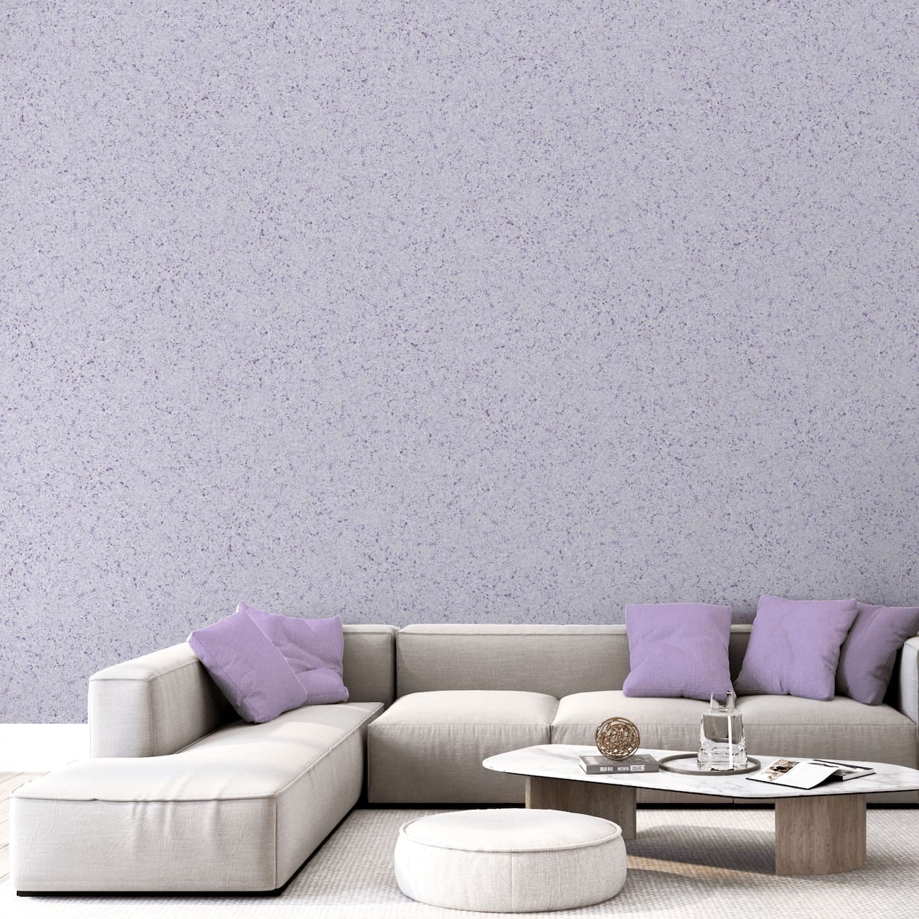 Tapet Belka liliachiu aplicat într-un interior luminos, cu mobilier minimalist din lemn.