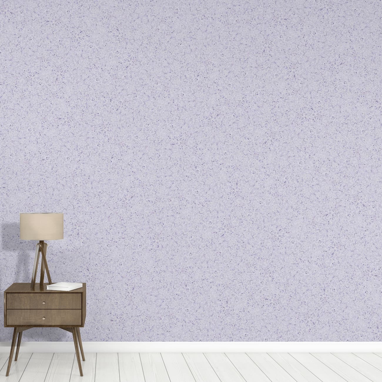 Tapet Belka liliachiu într-un decor minimalist cu noptieră și lampă, evidențiind eleganța subtilă.