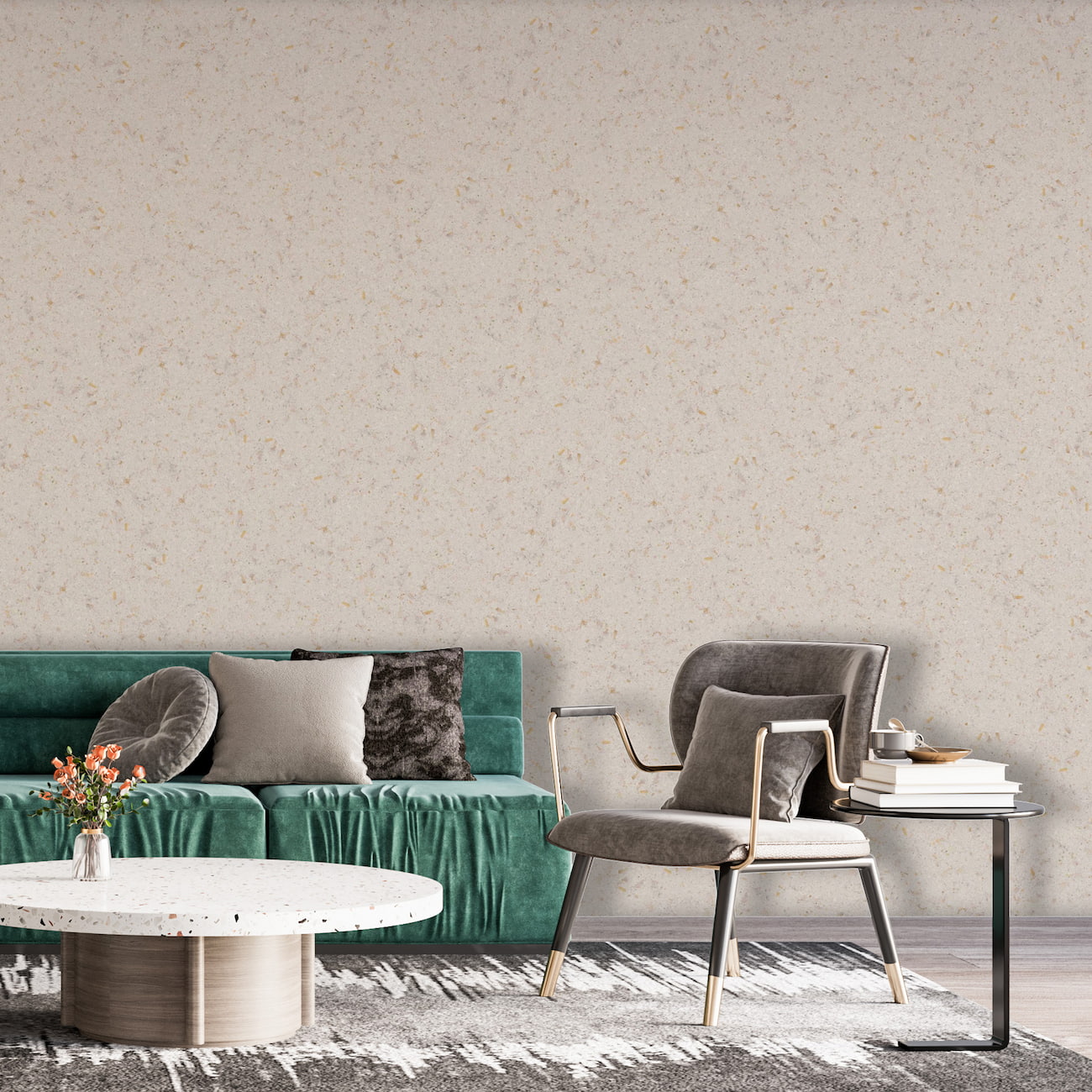 Tapet Belka bej auriu aplicat într-un living modern cu mobilier elegant