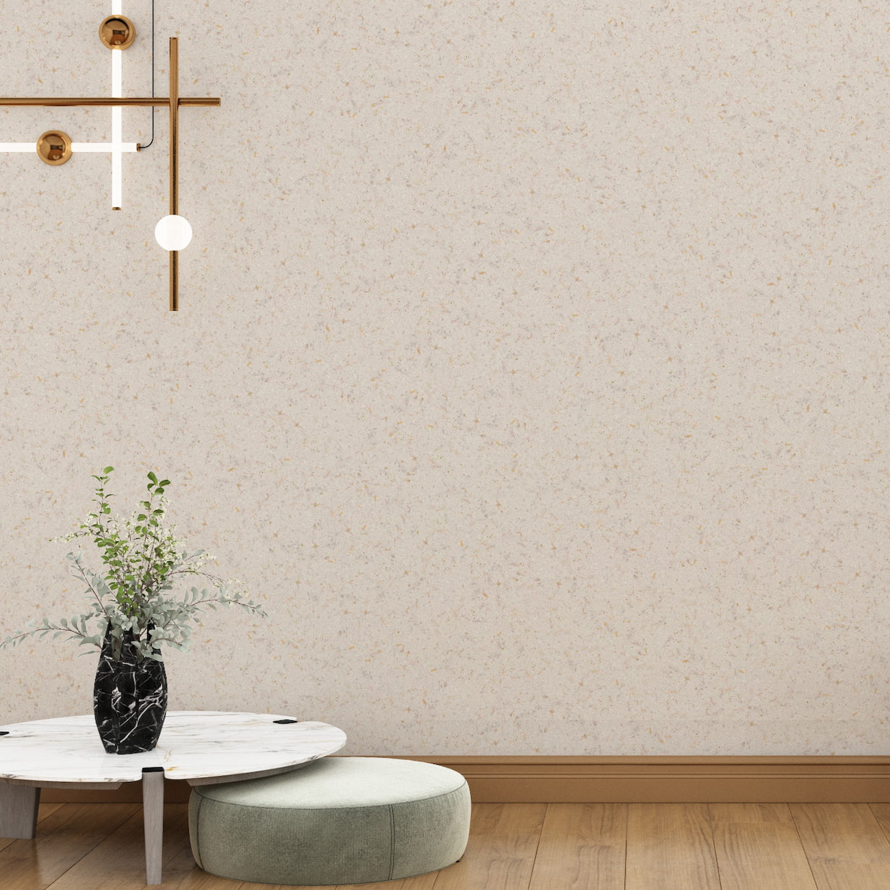 Tapet Belka bej cu accente aurii într-un decor minimalist cu masă joasă și iluminat modern