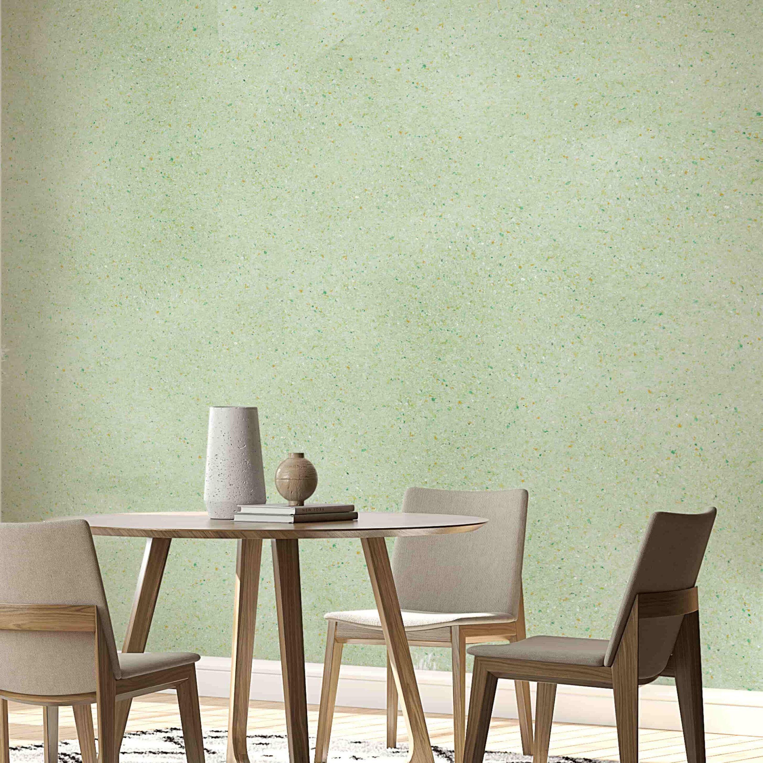 Tapet Belka autoadeziv verde deschis aplicat într-o sufragerie modernă cu mobilier din lemn deschis.
