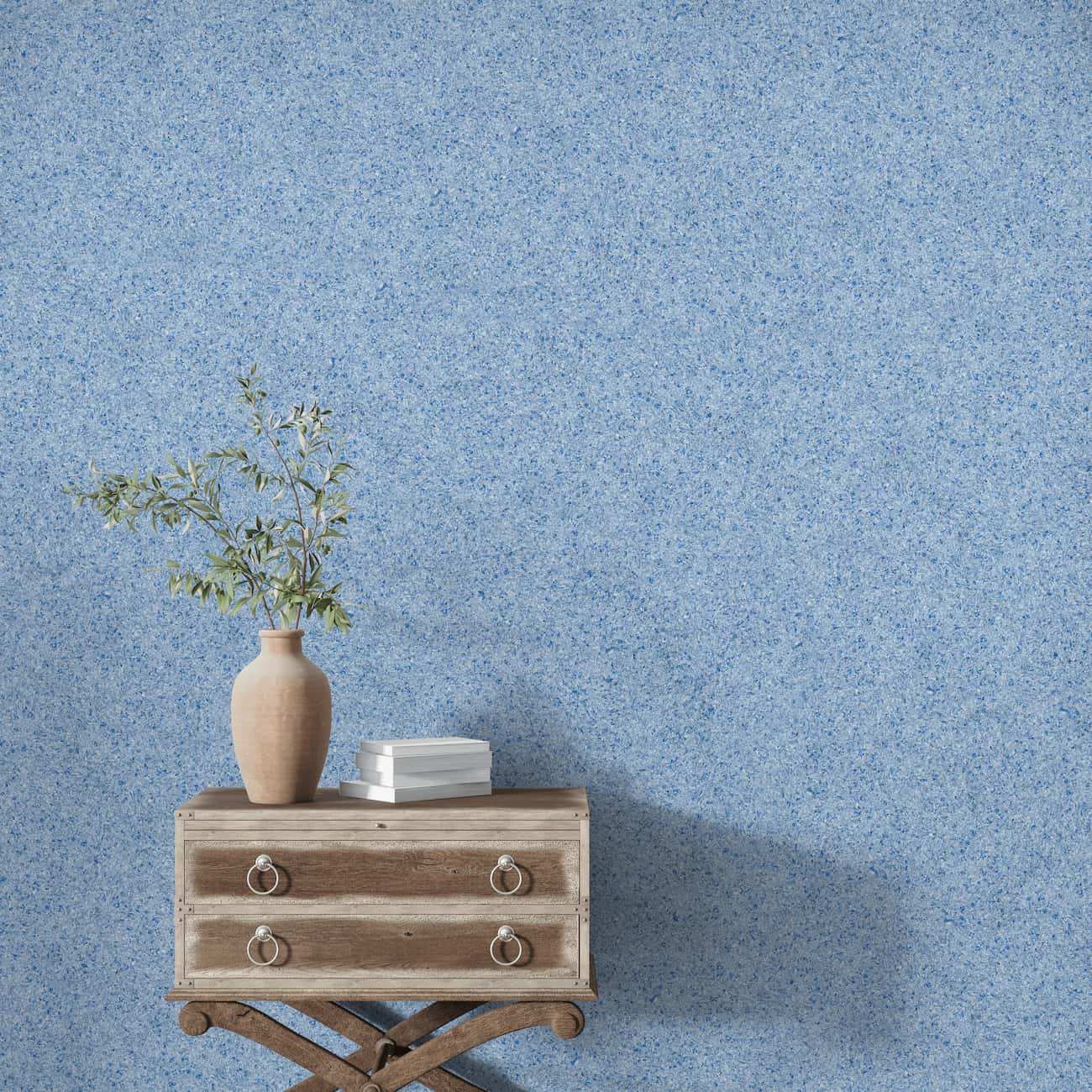 Tapet Belka autoadeziv, albastru deschis, aplicat pe perete, cu decor minimalist din lemn.