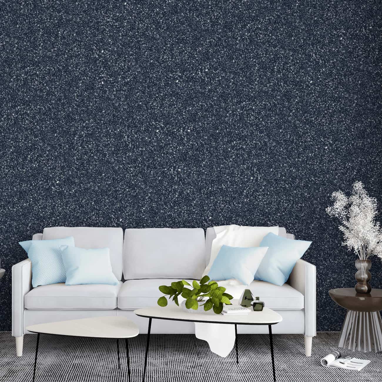 Living decorat cu tapet Belka autoadeziv de culoare albastru închis, cu efect de izolator fonic și termic.