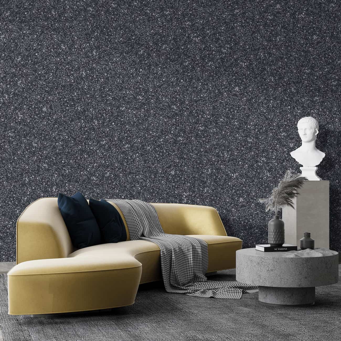 Living modern decorat cu tapet Belka autoadeziv în nuanță de negru profund – elegant, izolator fonic și termic.