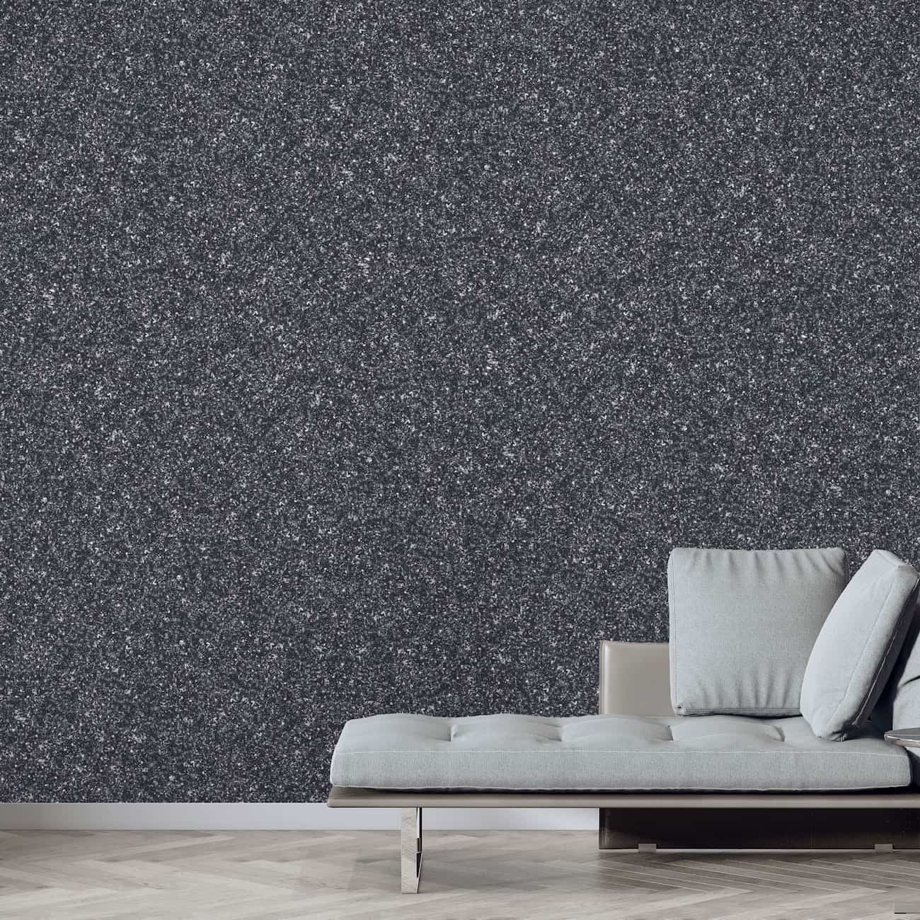 Living modern decorat cu tapet Belka autoadeziv negru profund – izolator fonic și termic, cu accente elegante.