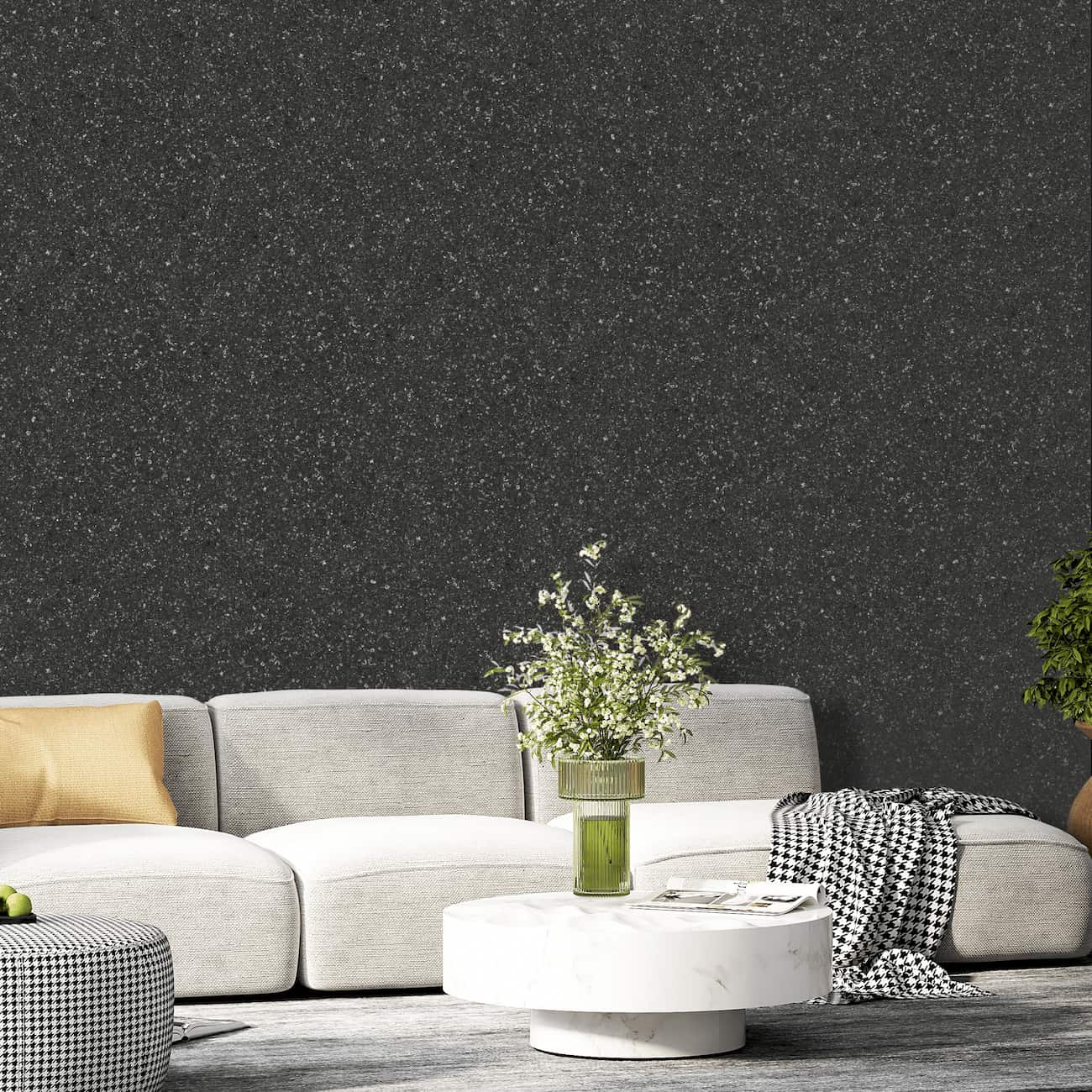 Tapet Belka autoadeziv negru cu reflexii aurii aplicat într-un living modern, alături de mobilier alb elegant.