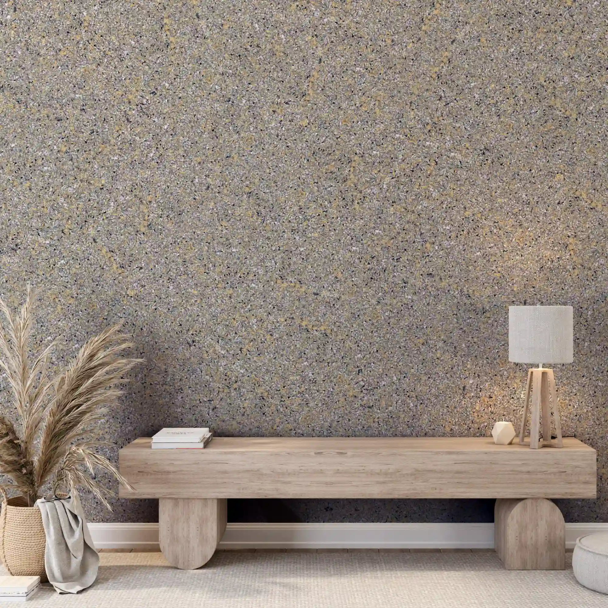 Perete decorat cu tapet Belka autoadeziv, în nuanță verde măsliniu, într-un living modern cu fotolii și canapea în nuanțe neutre.