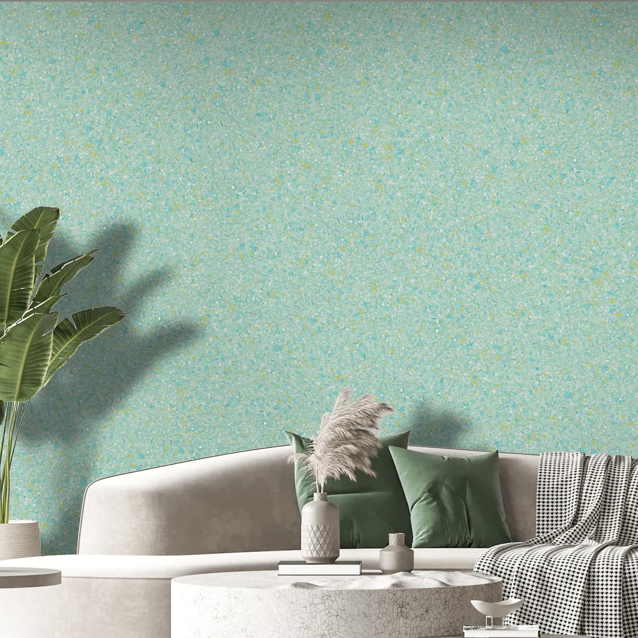 Tapet Belka autoadeziv în nuanță turcoaz aplicat într-un living modern cu canapea și decor natural.