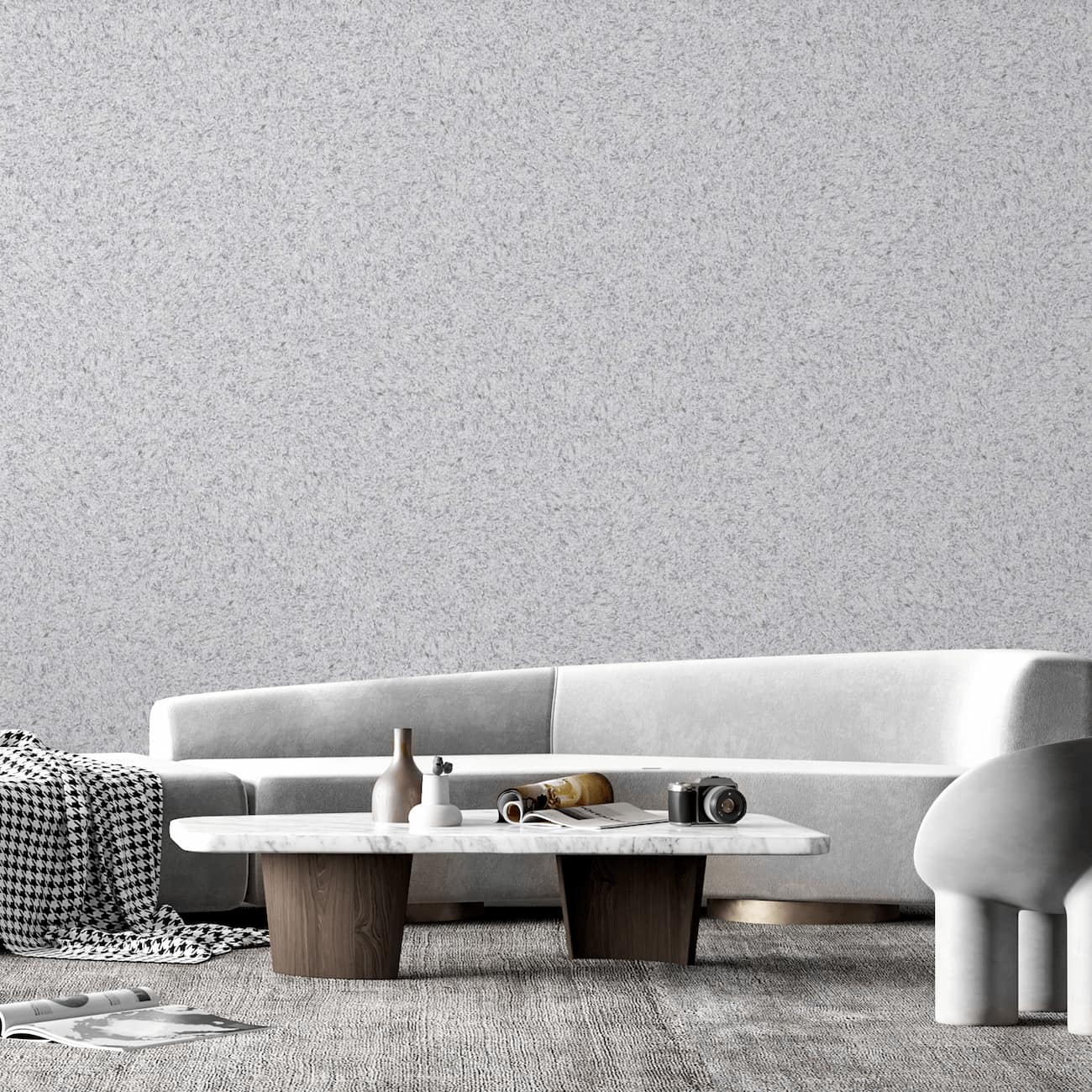 Tapet Belka gri deschis autoadeziv aplicat într-o cameră cu mobilier modern din lemn.
