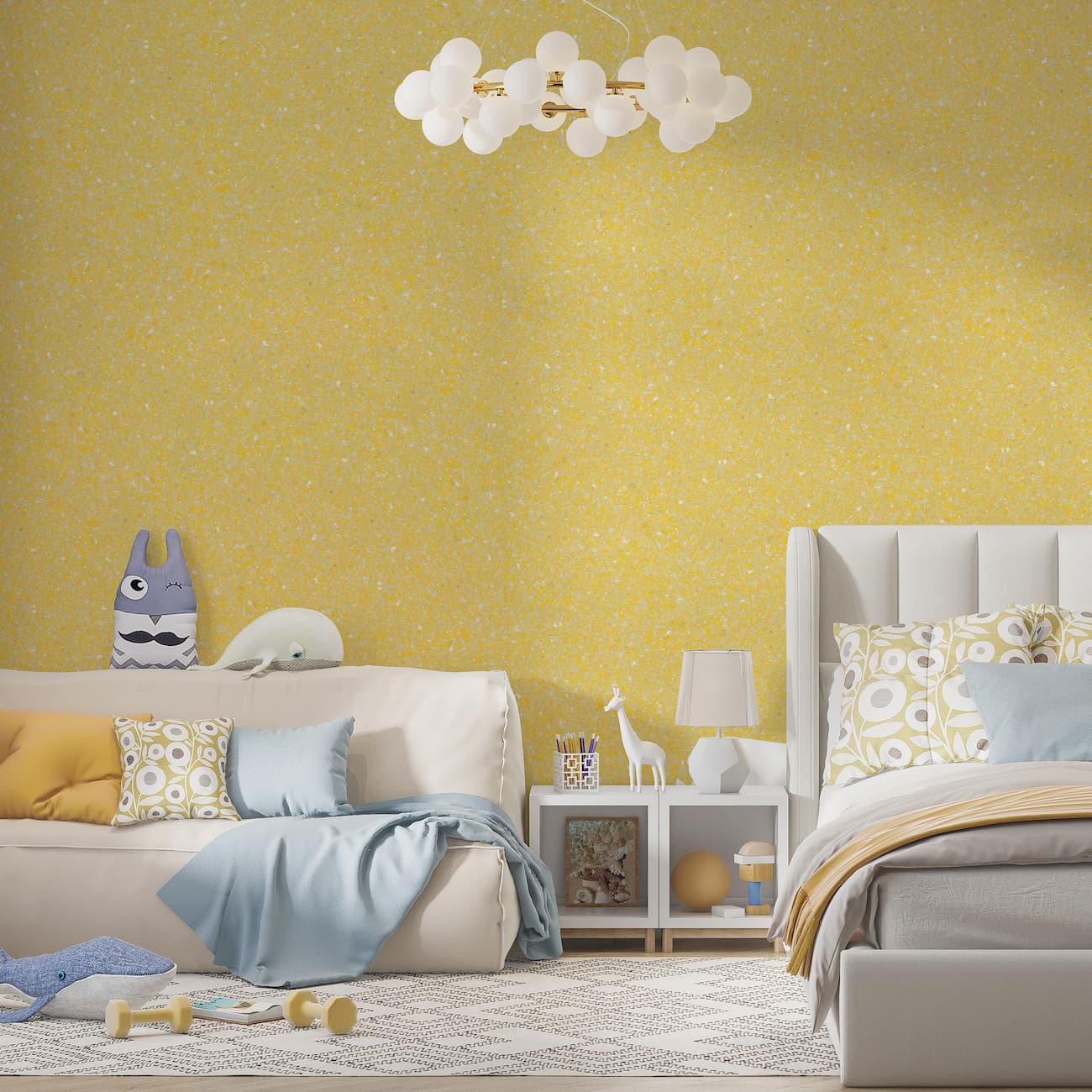 cameră decorată cu tapet Belka galben cald și mobilier în tonuri pastelate