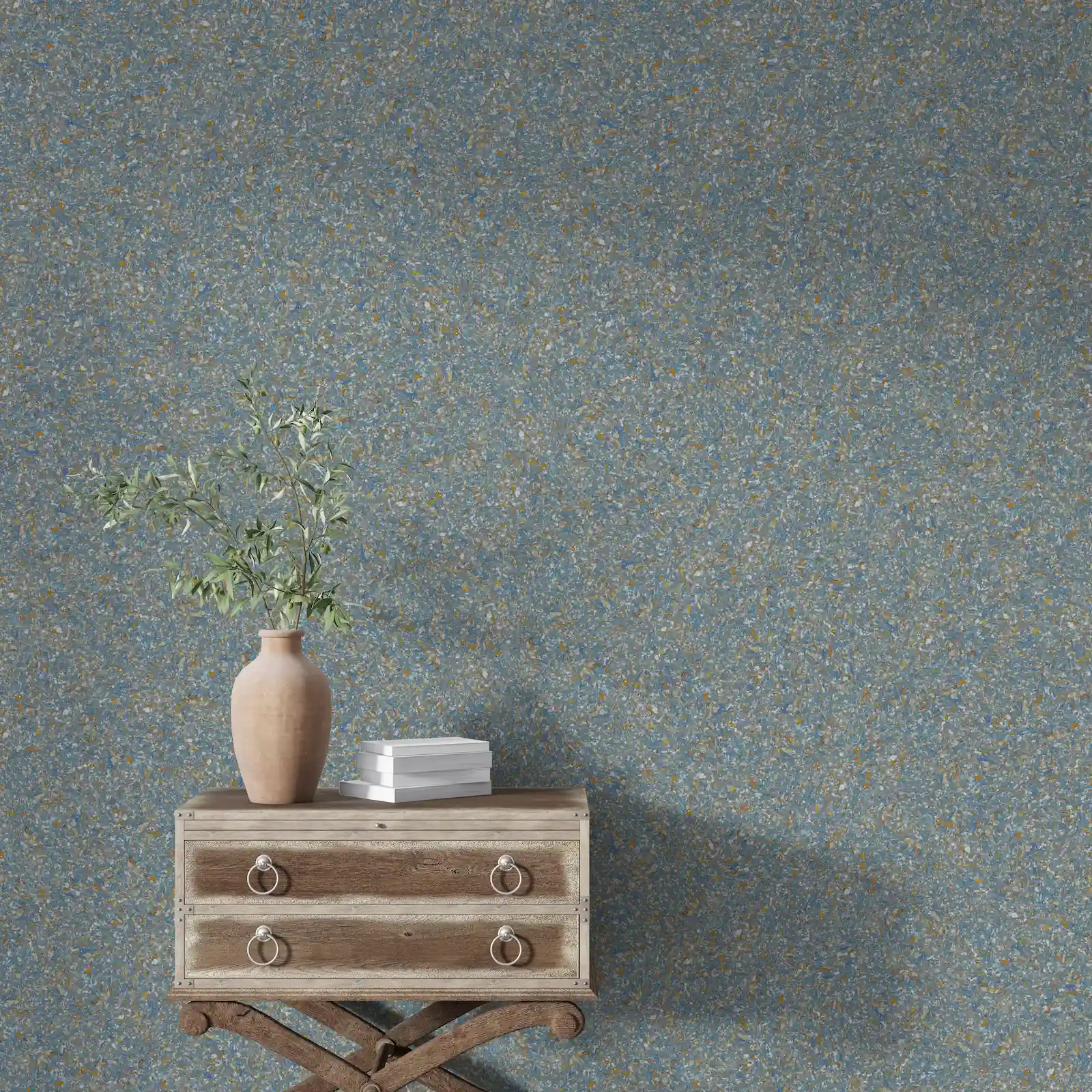 Prim-plan cu textura și culoarea tapetului Belka în nuanțe de turcoaz cu particule portocalii.