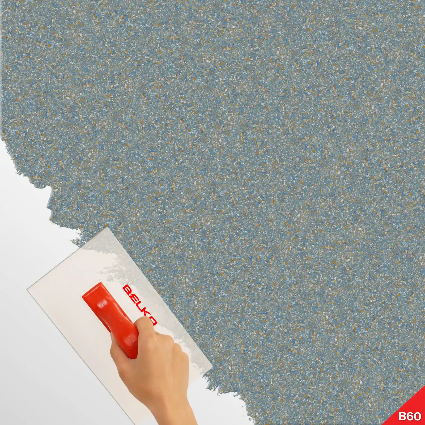 Prim-plan cu textura și culoarea tapetului Belka în nuanțe de turcoaz cu particule portocalii.