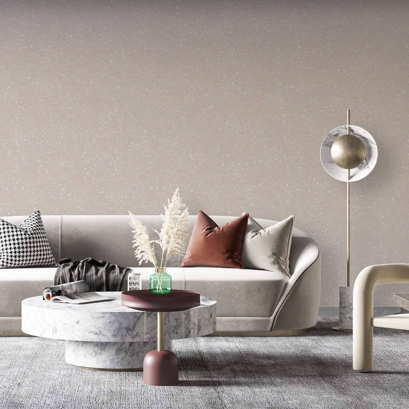 tapet Belka crem modelat aplicat într-un living modern, decorat cu accente elegante
