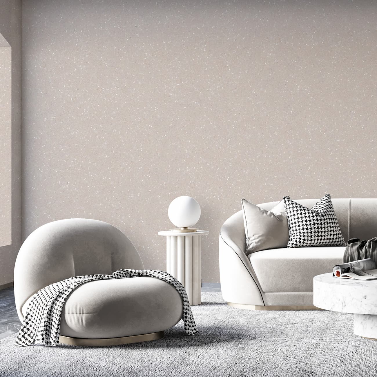 tapet Belka crem modelat aplicat într-un living modern, decorat cu accente elegante