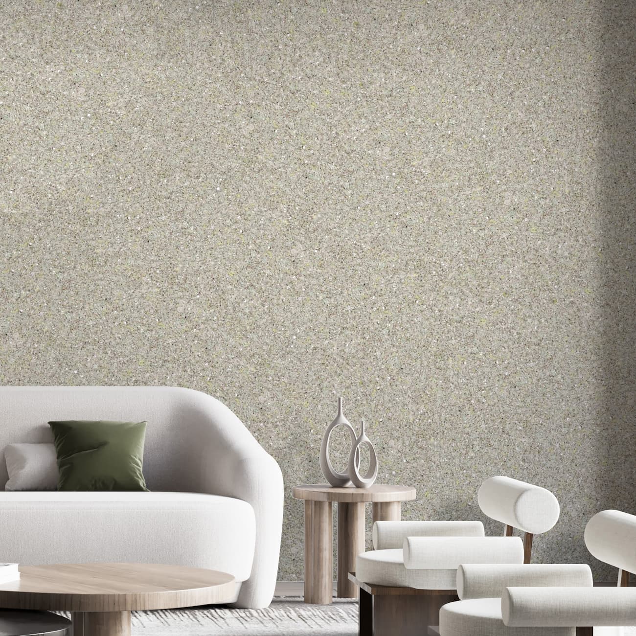 tapet Belka gri-verzui aplicat într-un living modern cu mobilier în tonuri naturale