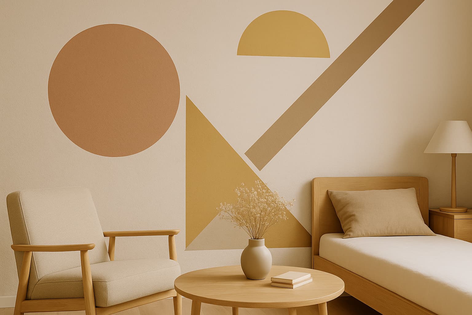 Colț de cameră decorat cu forme geometrice pictate în culori pastel, mobilier modern și atmosferă jucăușă