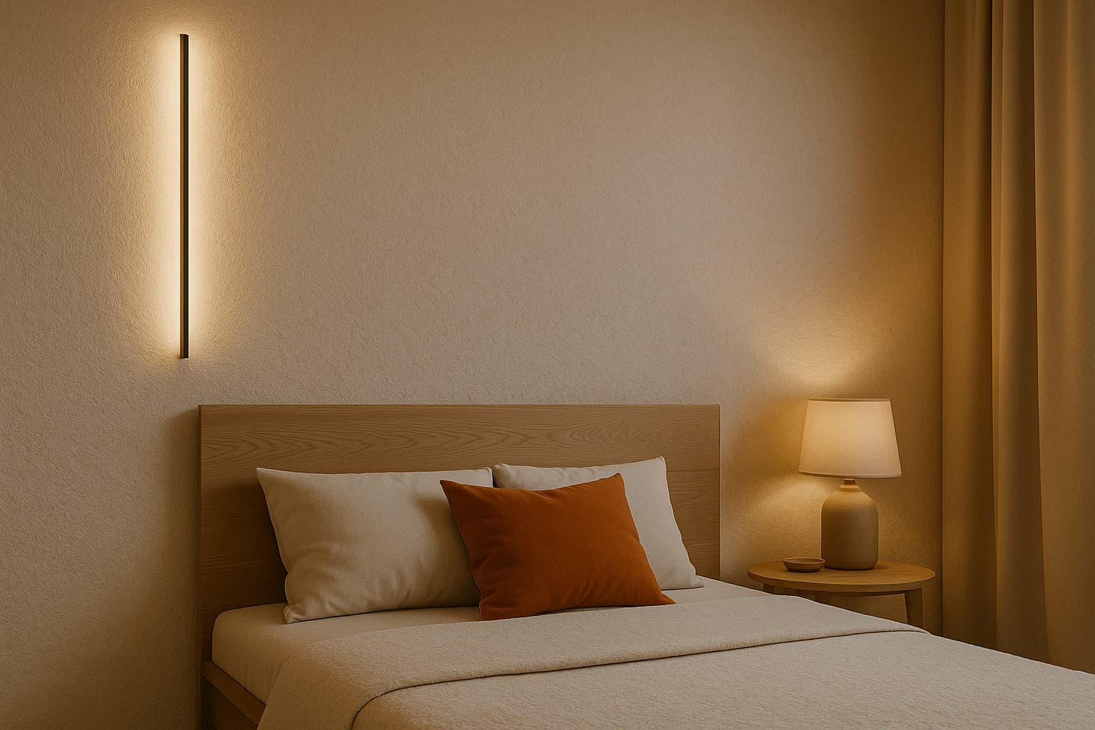 Colț de dormitor cu perete texturat iluminat indirect cu LED cald, accentuând designul și textura decorativă Belka