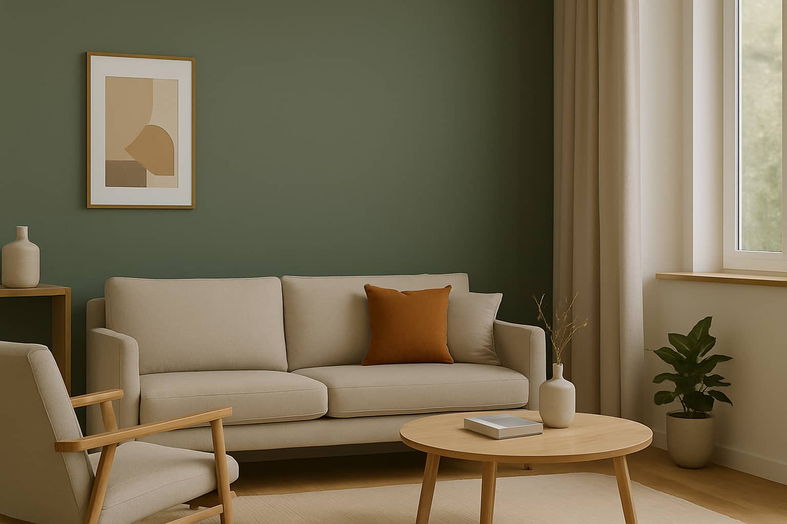Living modern cu perete accent în nuanță verde salvie, decorat cu mobilier natural și lumini calde