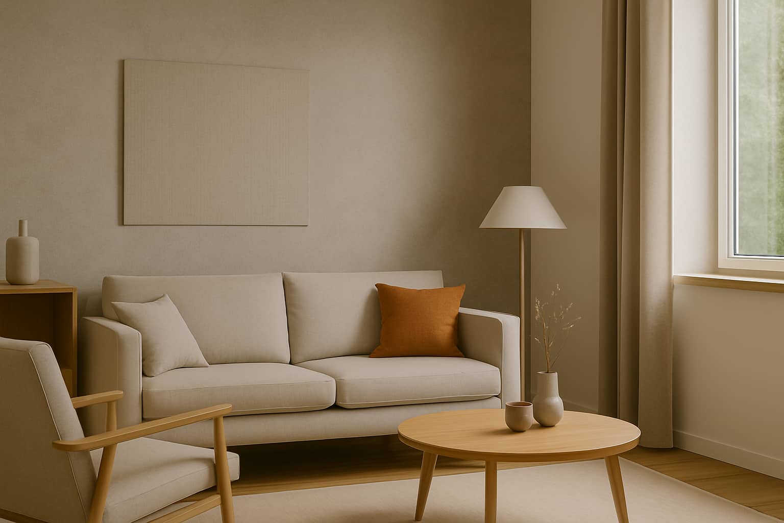 Living modern decorat cu microciment mat pe pereți și accente de tapet textil natural, în stil minimalist elegant