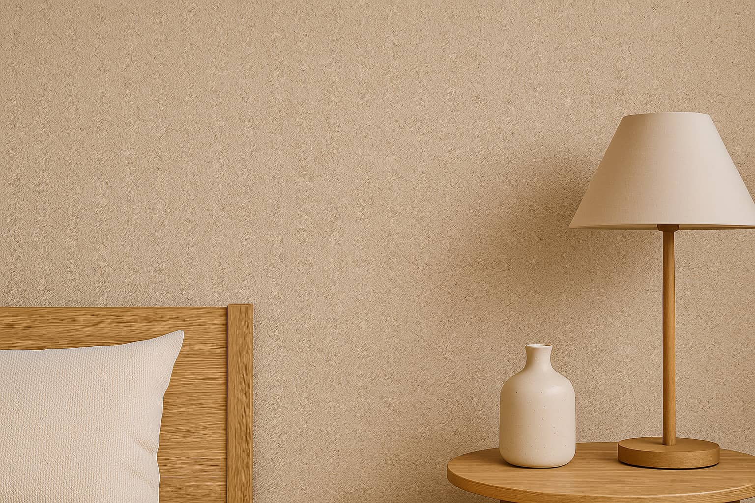 Cameră luminoasă decorată cu tencuială naturală Belka pe pereți, cu textură mată și mobilier minimalist în tonuri calde