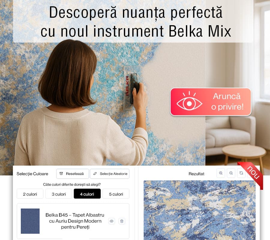 Aplicare Belka Tapet în combinație de culori cu instrumentul Belka Mix – tapet albastru cu accente aurii pe perete